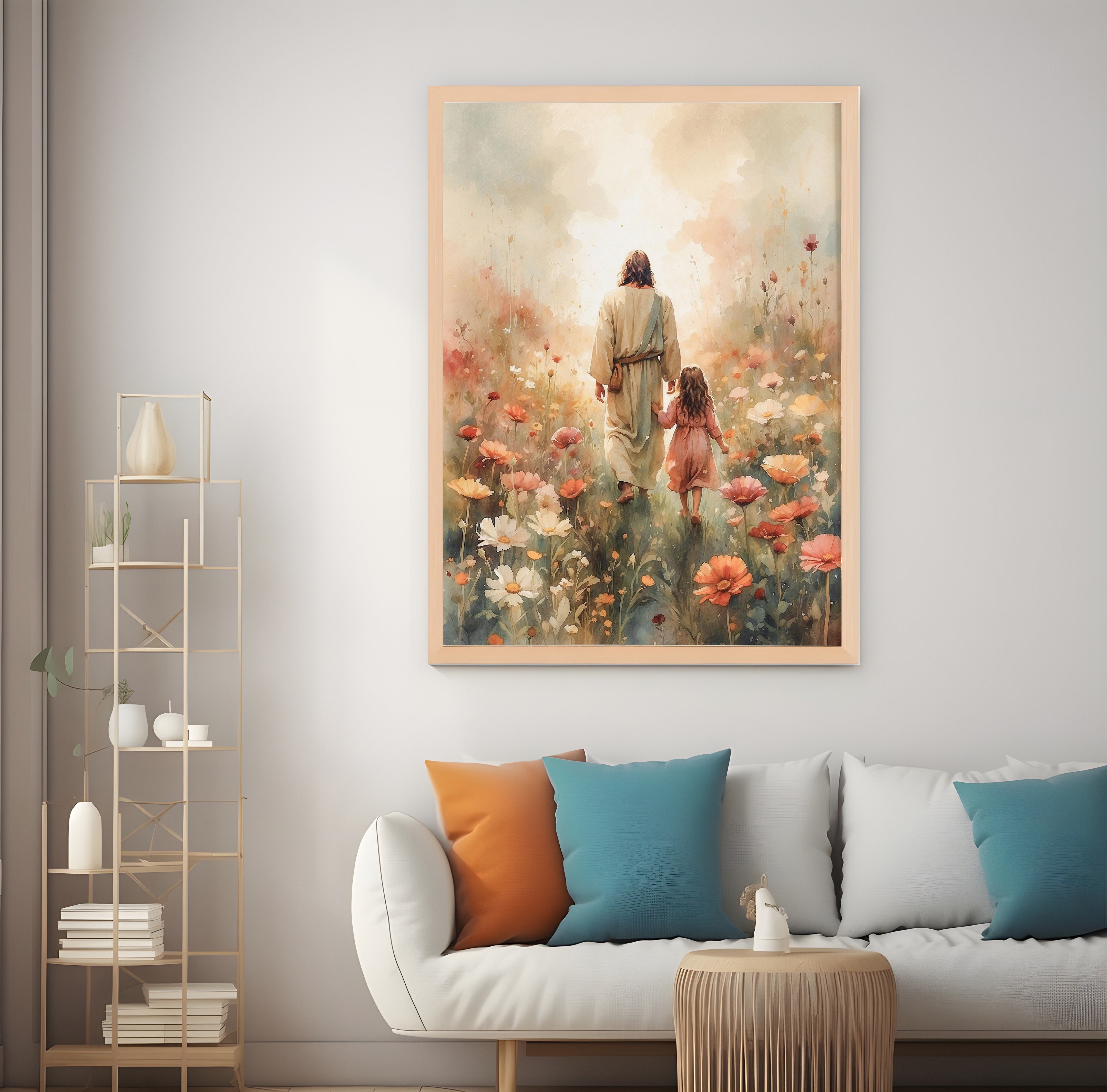 Jesus Walking with Little Girl Poster, Come Follow Me Christian Wall Art, Jesus Flower Field Watercolor Painting, Religious Home Decor, Christian Gift